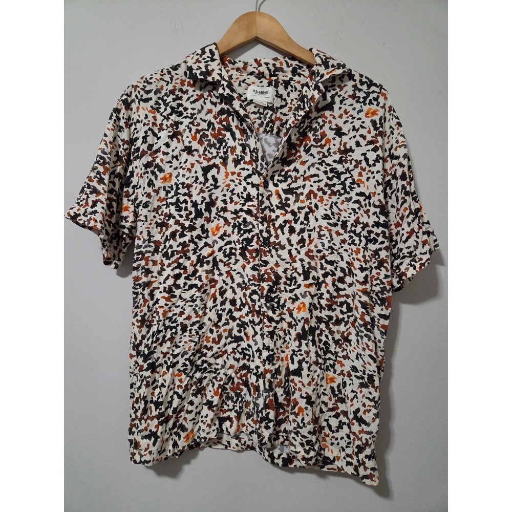 Pull&Bear Abstract Print Short Sleeve Button Down Shirt Brown Black White Small